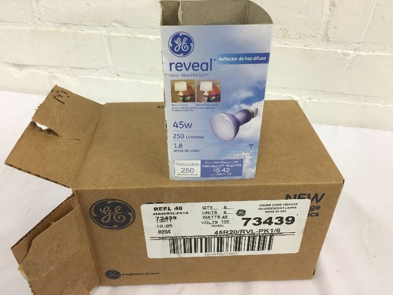 lot 34 image: GE 6 pack of 45 Watt R20 Reveal Flood Light Bulbs $9 per bulb retail