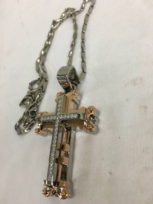 lot 120 image: Rose tone Steel CZ Cross Pendant Retail $90