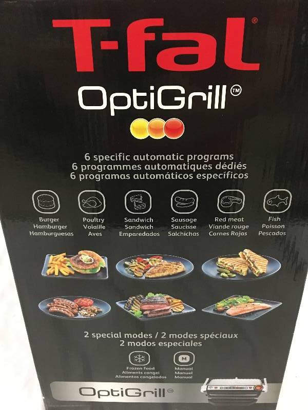 lot 186 image: T-fal GC702 OptiGrill Stainless Steel Indoor Electric Grill with Removable and Dishwasher Safe plates,1800-watt, Silver