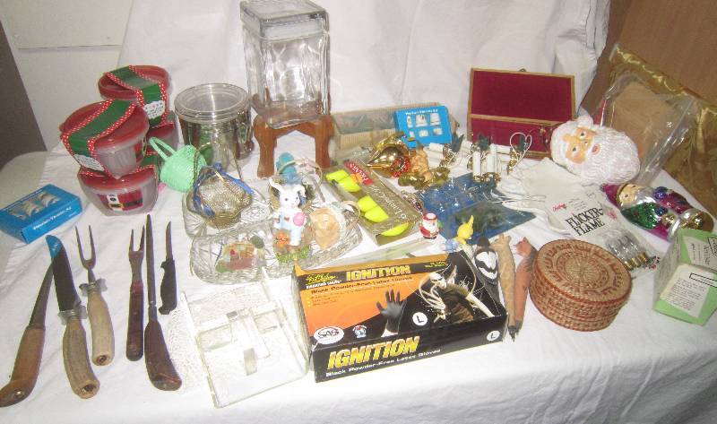 HUGE LOT OF MISC, KNIVES, CARVING SET, CANISTERS, EASTER, GLOVES, DOILIES, WOOL CUTTER