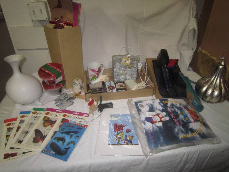 HUGE LOT OF MISC,-6 PACKS OF NEW 3-D POP UP STICKER, $40 VASE, STEAMER, CARDINAL LIGHT UP LIGHT