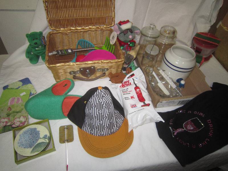HUGE LOT OF MISC, PICNIC BASKET, SLIPPERS, HAT, SHIRT-NEW, BEANNY BABY, CANISTER