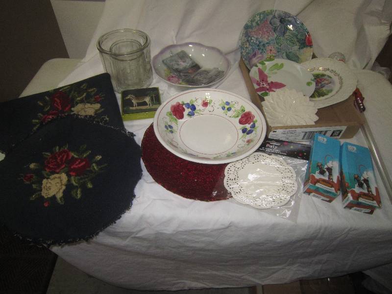 HUGE LOT OF MISC, COLLECTIBLE PLATES, BOWLS, TOYS, CIGAR JAR, DOILIES,