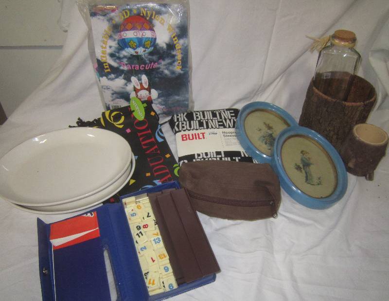LARGE LOT OF MISC NEEDLEPOINT FRAMED, COLLECTIBLE IRON, RESTAURANT DISHES, I PAD CASE-NEW,