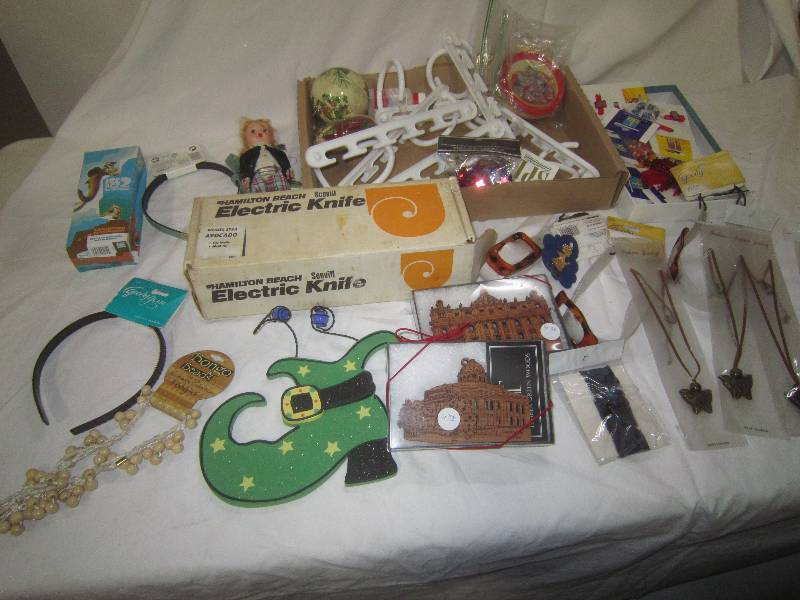 LARGE LOT OF MISC ELECTRIC KNIFE, DOLL-COLLECTIBLE, HAIR ACCESSORIES,