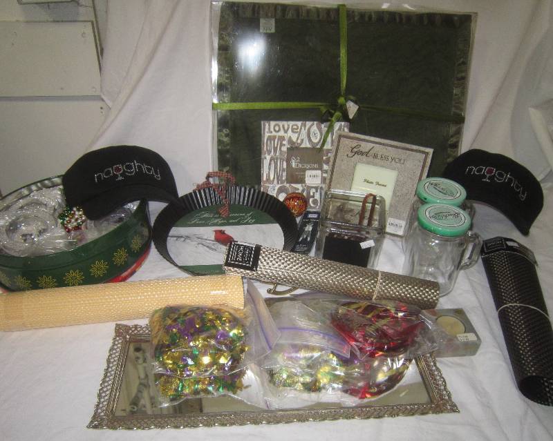 LARGE LOT OF MISC HATS, ORNAMENTS, FRAME, NEW HATS, PLACE MATS,