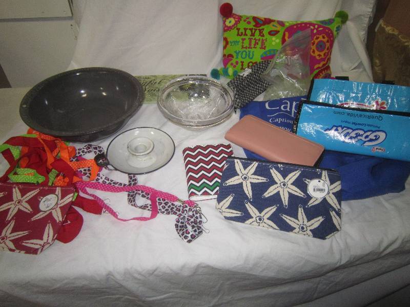LARGE LOT OF MISC  LANYARDS, PURSES-NEW, ENAMEL WARE-BOWL, CANDLE HOLDER, MISC