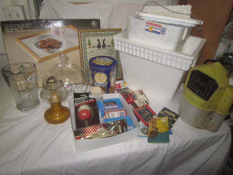 LARGE LOT OF MISC  MINNOW BUCKET, COOLERS, BAIT BOX, TOOLS, BED TRAY,
