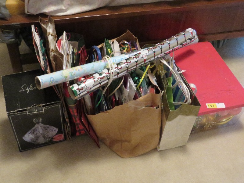 Large Lot of Wrapping Paper, bags, ribbon & Ornaments