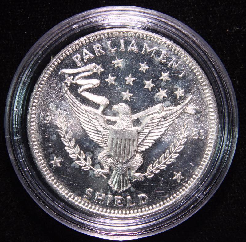 1 TROY OZ. .999 FINE SILVER PARLIAMENT SHIELD IN AIRTITE HOLDER
