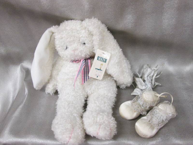 lot 36 image: Plush White Bunny with Satin baby S...