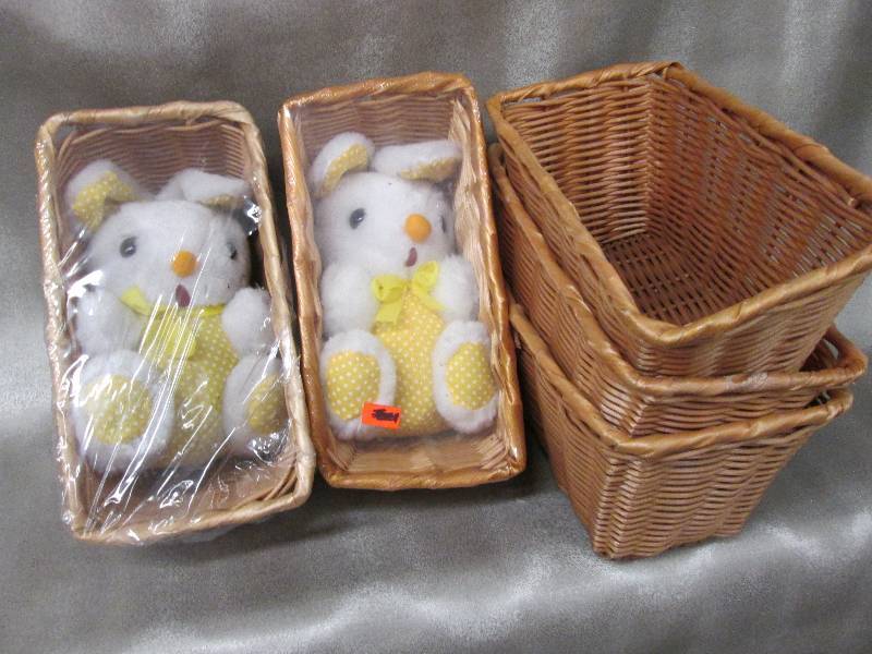 lot 166 image: 2 bunnies in baskets plus 3 extra b...