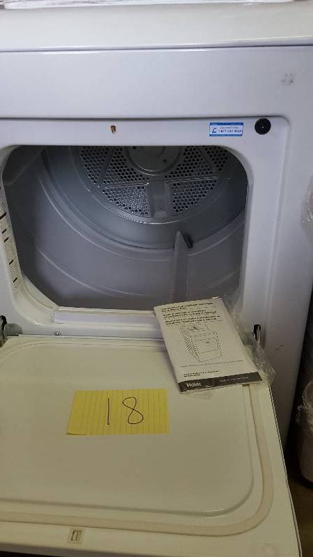 lot 18 image: Hair RDE350AW Front Loading Dryer 6.5 CU FT Gas  New Dented