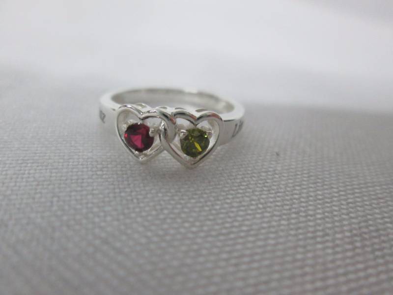 lot 92 image: Silver Couples Double Heart Birthstone Name Ring