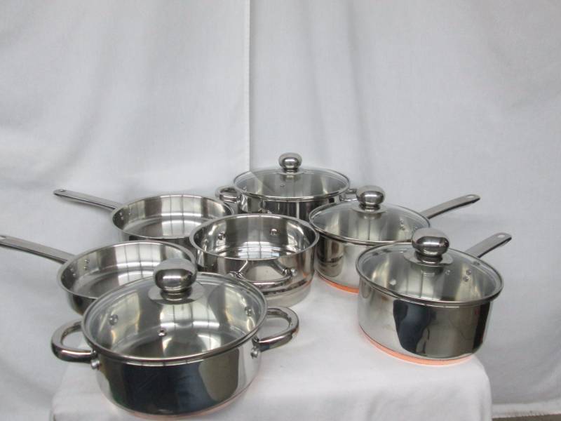 lot 10 image: Chefs Mark 11-pc. Stainless Steel Cookware Set w Copper Base