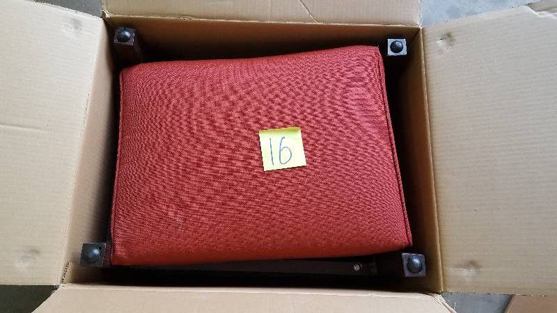 lot 16 image: Hampton Bay Woodbury Patio Ottoman with Dragonfruit Cushion (2-Pack) New
