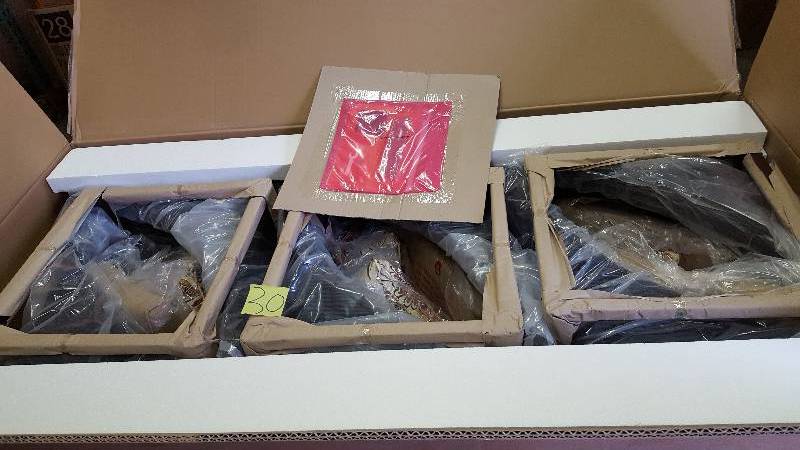 lot 30 image: Hampton Bay Woodbury 7-Piece Patio Dining Set with Textured Sand Cushions New