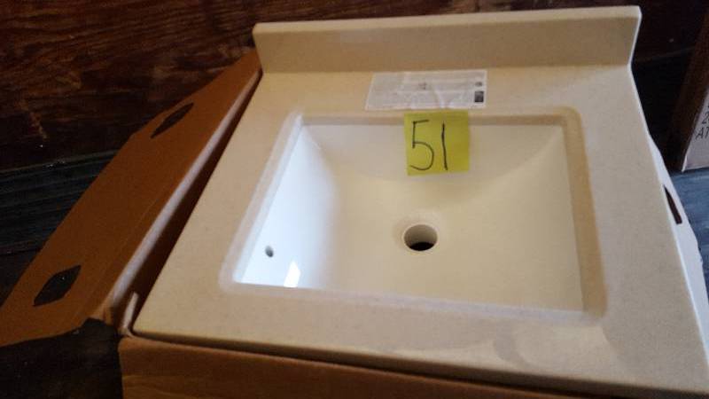 lot 51 image: Glacier Bay Melborn 18-12 in. W x 16-12 in. D Vanity in Java with Marble Vanity Top in Wheat