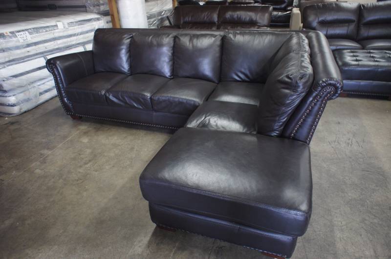 lot 12 image: 110 High End Dark Brown Leather Sectional.