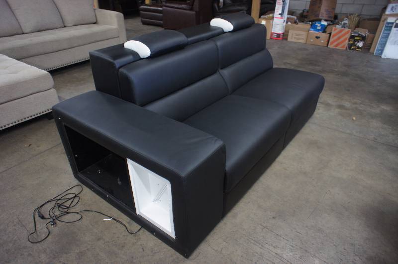 lot 25 image: 85 High End Black Leather Gaming Sofa. Dimensions 85W X 48D X 34T