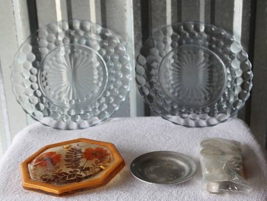 Glass Plates, Flower Trivet and Silver Plate