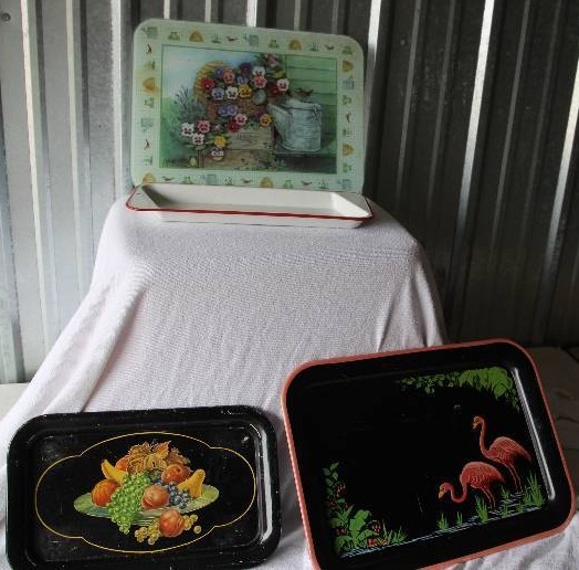 Three Tin Trays & Glass Cutting Board