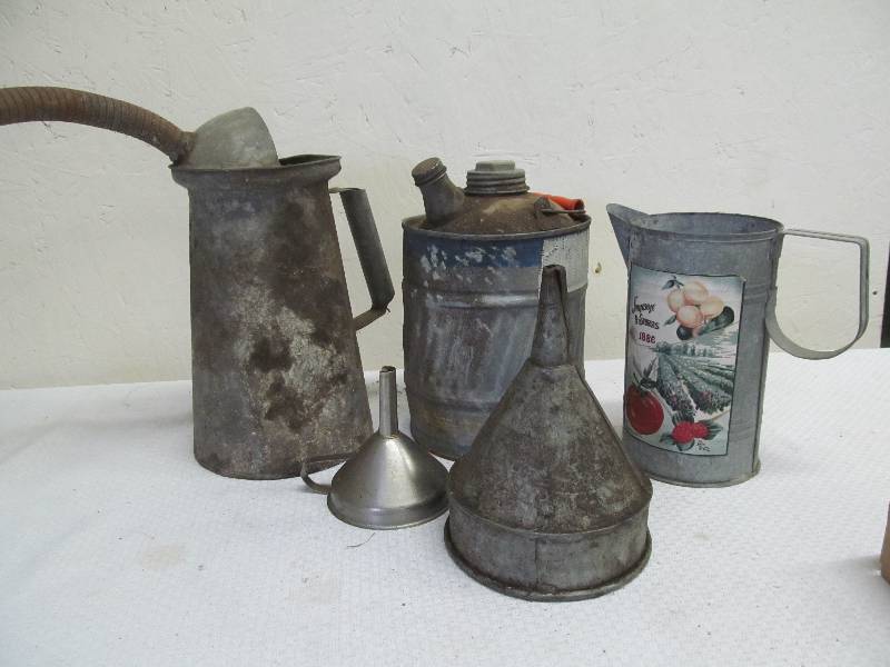 lot 129 image: vintage funnels, oil can