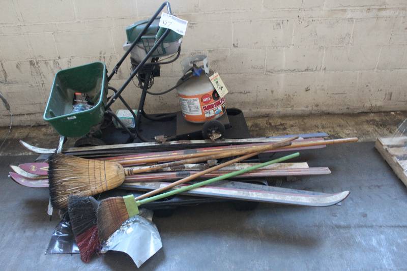 lot 97 image: Lot Including Brooms, Skies, Seed Spreader, Propane Tank