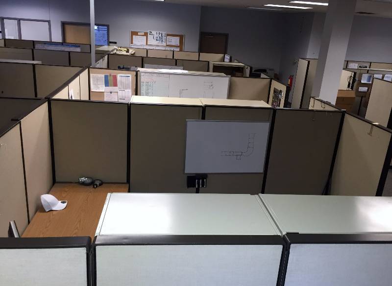 lot 1 image: WOW OFFICE OR CLINIC 8 Quality SteelCase 9000 Series Office Cubicles WorkStations W Corner Modular Desks & Double Sided Filing Drawers, Overhead Cabinets, Worksurfaces & Integrated Cubicle Panels - Nice Conditon - Bonus DISASSEMBLED & LOADING DOCK