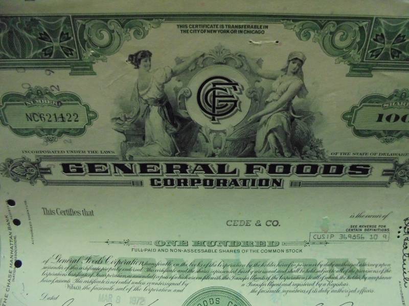 General Foods Corporation 100 Stock Shares May Coin Auction 2 K BID