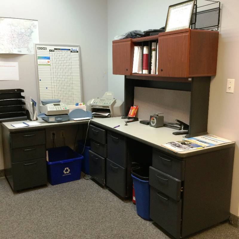 lot 14 image: WOW L Shape Left Return Workstation Work Center With Lighted Shelving Cupboard Station - Excellent Condition Lots of Under Desk Movable Drawers
