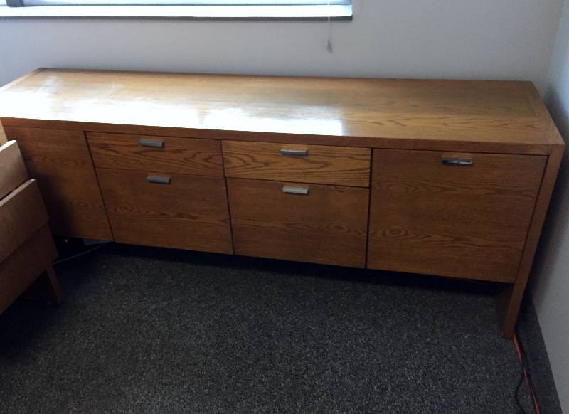 lot 21 image: Large Solid Wood Office Credenza Cabinets Drawers - Nice Condition