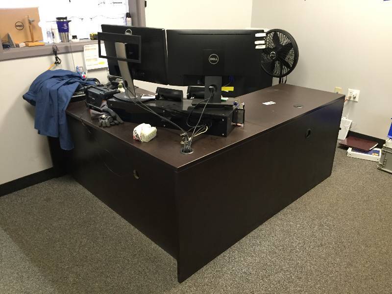 lot 60 image: Beautiful Dark Wood L Shape Workstation Desk Left Return With 3 Drawer Filing Cabinet - Nice Condtion