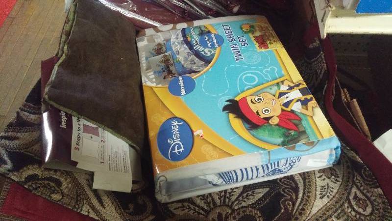 Misc box of valances, curtains, sheets, and placemats