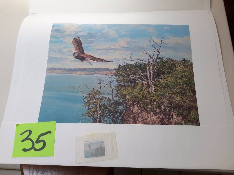 lot 35 image: 1986 Minnesota Conservation Federation Stamp Print, Pepin Heights, Bald Eagle