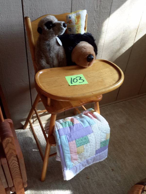 lot 103 image: Vintage High Chair, with Stuffed animals and Baby Blanket