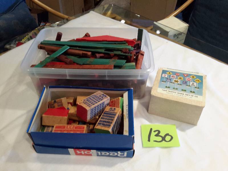 lot 130 image: Lincoln Log set, Road sign set, Wood blocks