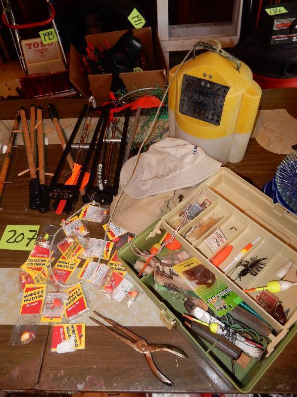 lot 207 image: Misc. Fishing items.  Pop ups, Ice fishing poles, Small tackle box, Hooks, Hats, Minnow Bucket
