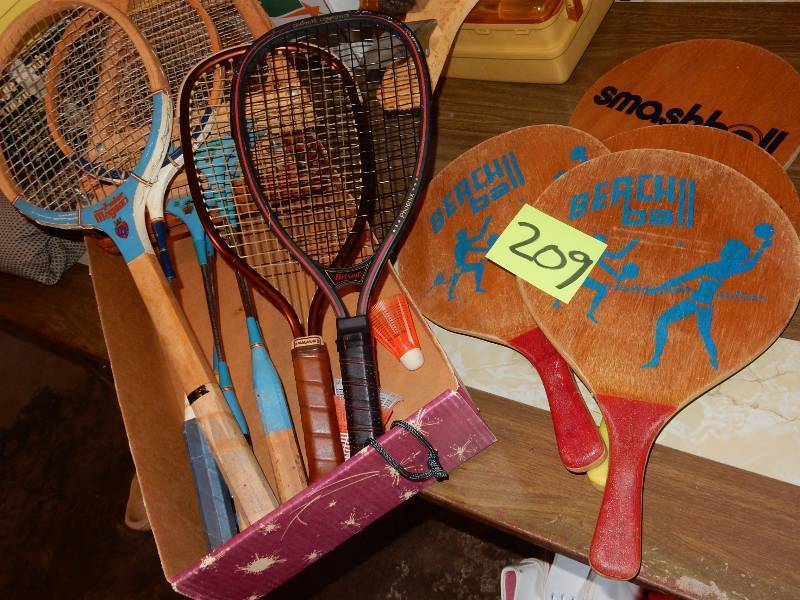lot 209 image: Lot of Racquets    5 Badmitton Rackets, 2 Racquet ball racquets, Tennis Racquet, Smashball and Beach Ball Racquets