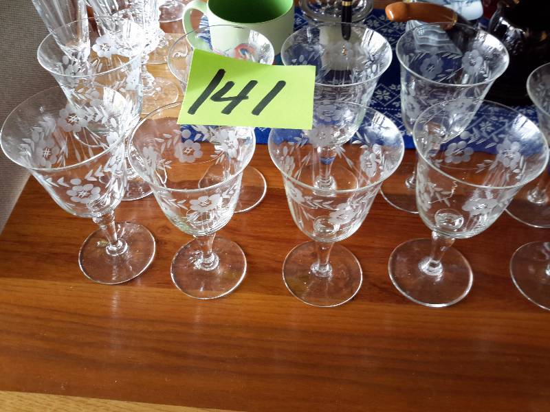 lot 141 image: 8 Stemmed Crystal Water Glasses.. Etched leaf design