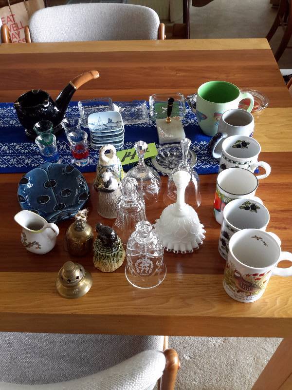 lot 147 image: Misc. Ash Trays, GlassBrass bells. Cordials, Danish China.