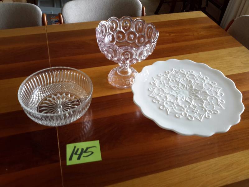 lot 145 image: Milk Glass Pedestal Cake Plate, Pedestal fruit bowl, Cut glass Serving bowl.