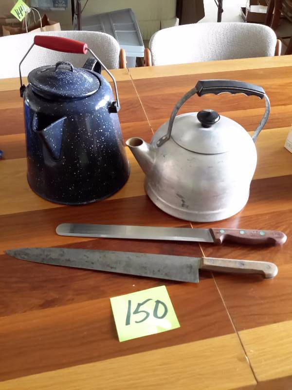 lot 150 image: 2, Long Cake knives  Blue speckled coffee pot.. Aluminum Tea Pot