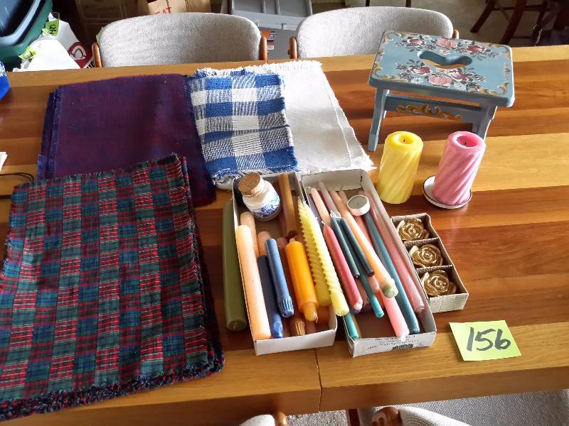 lot 156 image: Large number of Candles, Place mats, hand painted small foot stool.