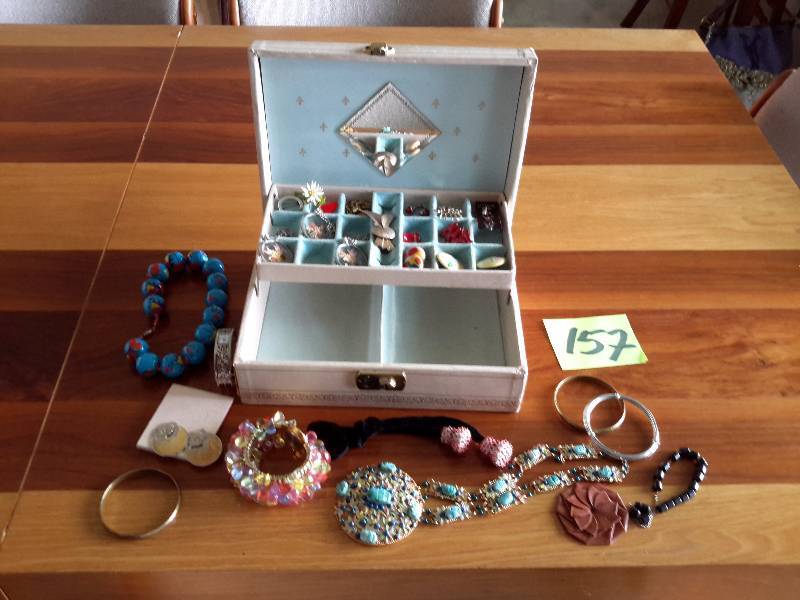 lot 157 image: Jewelry Box and Misc. Jewelry as pictured.. See closeups
