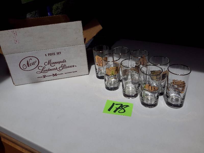 lot 178 image: Farmers and Mechanics Savings Bank, 8 piece Glass set.. Minneapolis Landmark Glasses.
