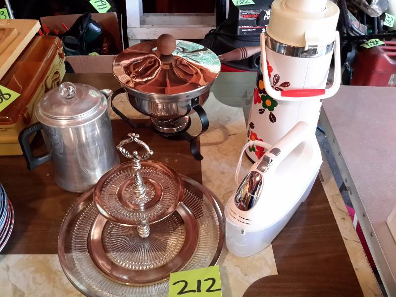 lot 212 image: Misc. Table ware.. Air pot, Round chaffing dish, Hamilton Beach mix master, old fashion coffee pot, 2 tier serving tray.