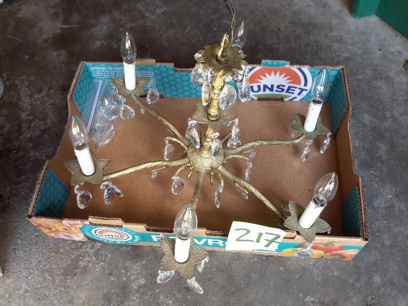 lot 217 image: Chandelier with glass Crystals.   6 candle type light fixtures.. Untested