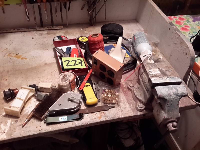 lot 227 image: Misc. items from the Tool bench.. See closeups, plus vise.  You must remove the vise yourself. Bring your own tools