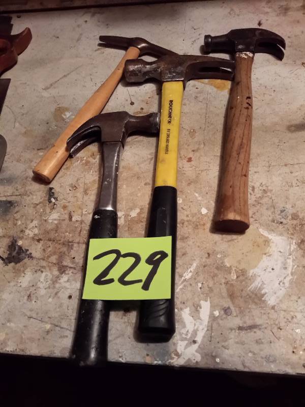lot 229 image: 4 Hammers. 1 with Brass head.. 1 with Fiber Glass handle.